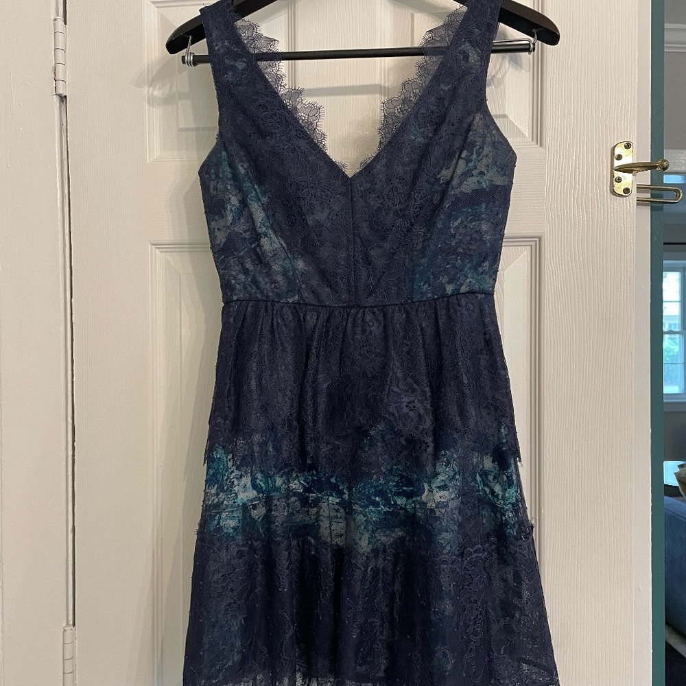 BCBGMaxAzria Willa dress, blue lace, turquoise underlay